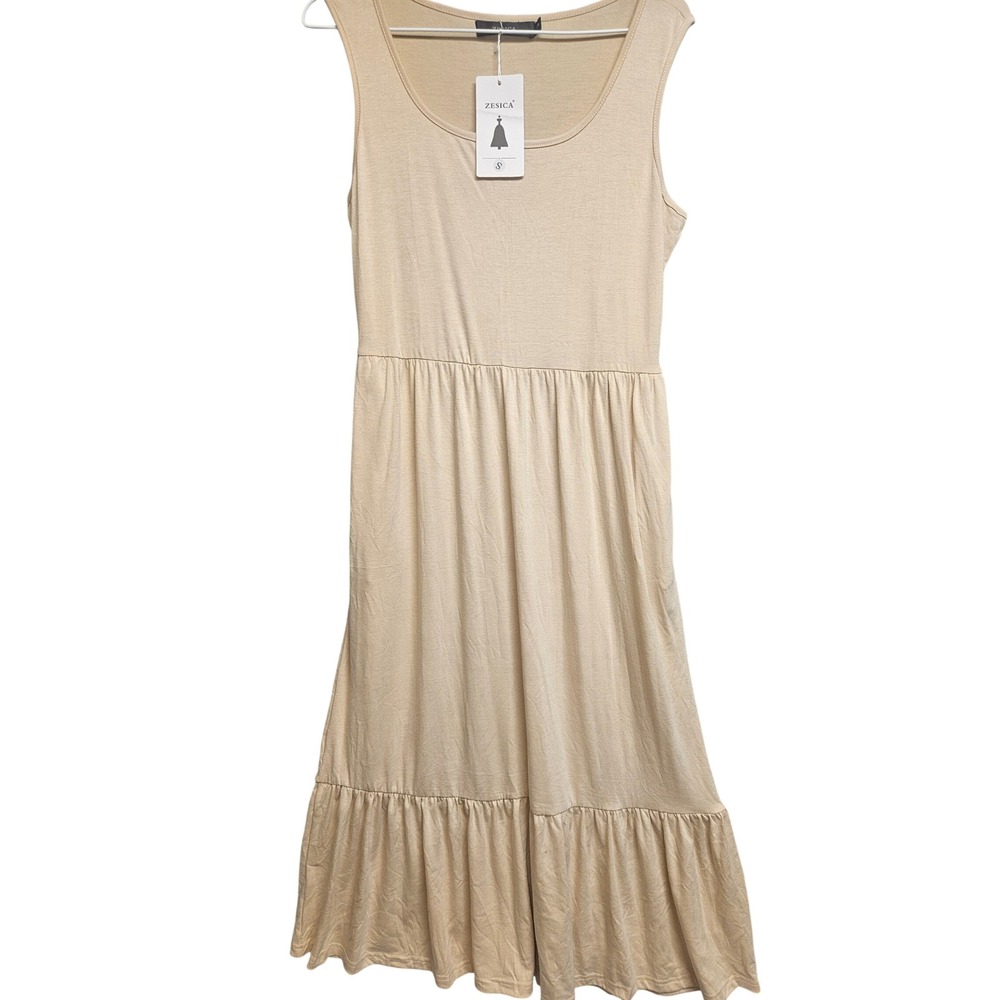 ZESICA Womens Tan Beige Tiered Sleeveless Scoop Neck Midi Dress with Pockets S